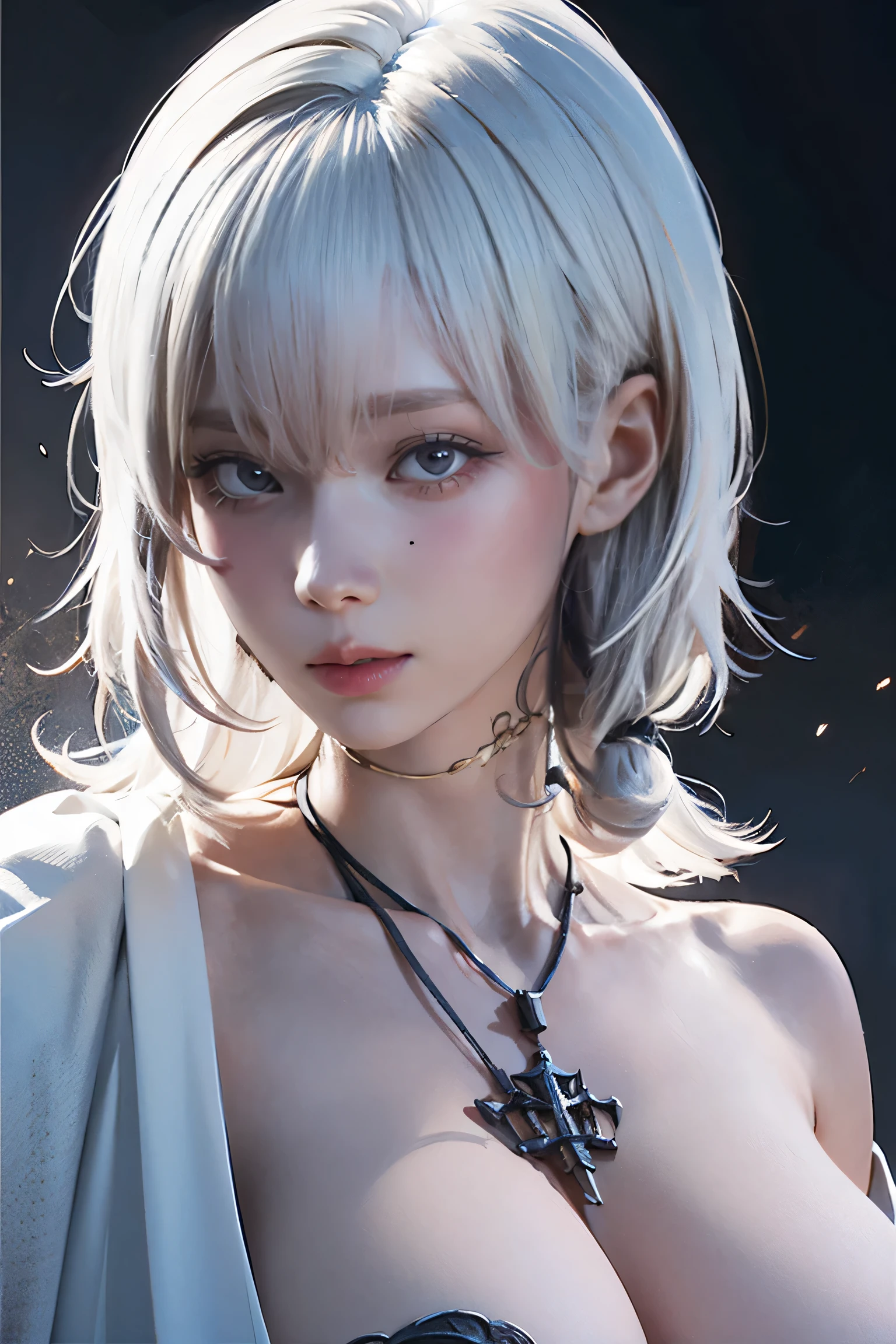((Close-up of a woman with tattoos on her chest)), girl, ((Short white hair with bangs, Black strands of hair)), Purple eyes, White T-shirt and white cape, Pendant around the neck. 超High resolution.Photorealistic. 超High resolution.Photorealistic:1.4,超High resolution. Realistic,High resolutionで, masterpiece, Highest quality, Very detailed, Better Shadows, Volumetric lighting), super high quality, High resolution, 8k, Ultra-Realistic Portraits , Photorealistic, Dynamic Lighting, Volumetric lighting, Very detailed顔,(NSFW:0.8),Large Breasts