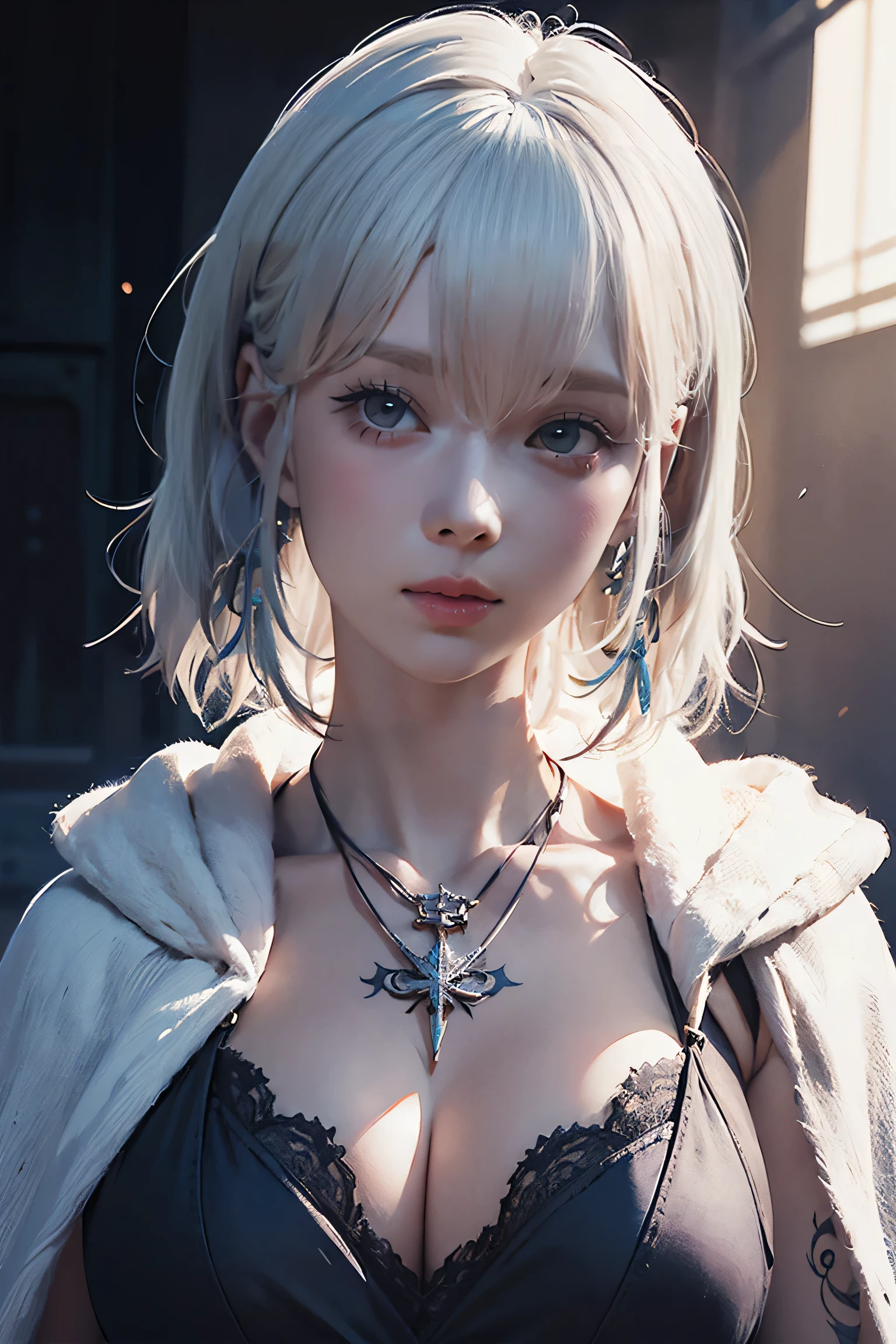 ((Close-up of a woman with tattoos on her chest)), girl, ((Short white hair with bangs, Black strands of hair)), Purple eyes, White T-shirt and white cape, Pendant around the neck. 超High resolution.Photorealistic. 超High resolution.Photorealistic:1.4,超High resolution. Realistic,High resolutionで, masterpiece, Highest quality, Very detailed, Better Shadows, Volumetric lighting), super high quality, High resolution, 8k, Ultra-Realistic Portraits , Photorealistic, Dynamic Lighting, Volumetric lighting, Very detailed顔,(NSFW:0.8),Large Breasts