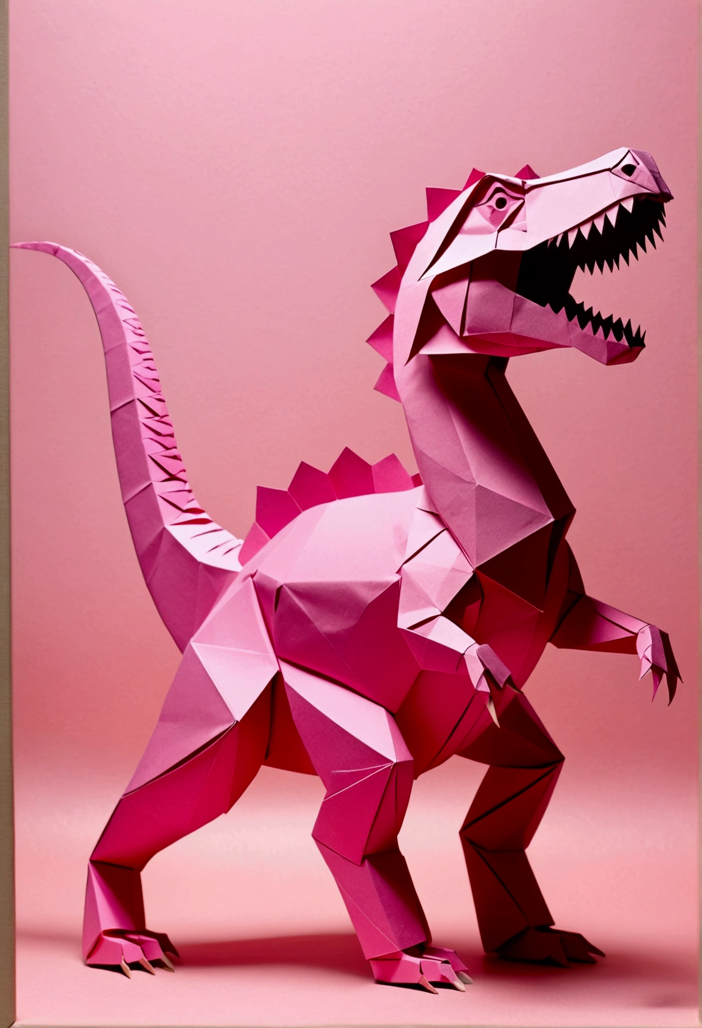 Pink dinosaur made from paper cutting, origami, Very fine cut