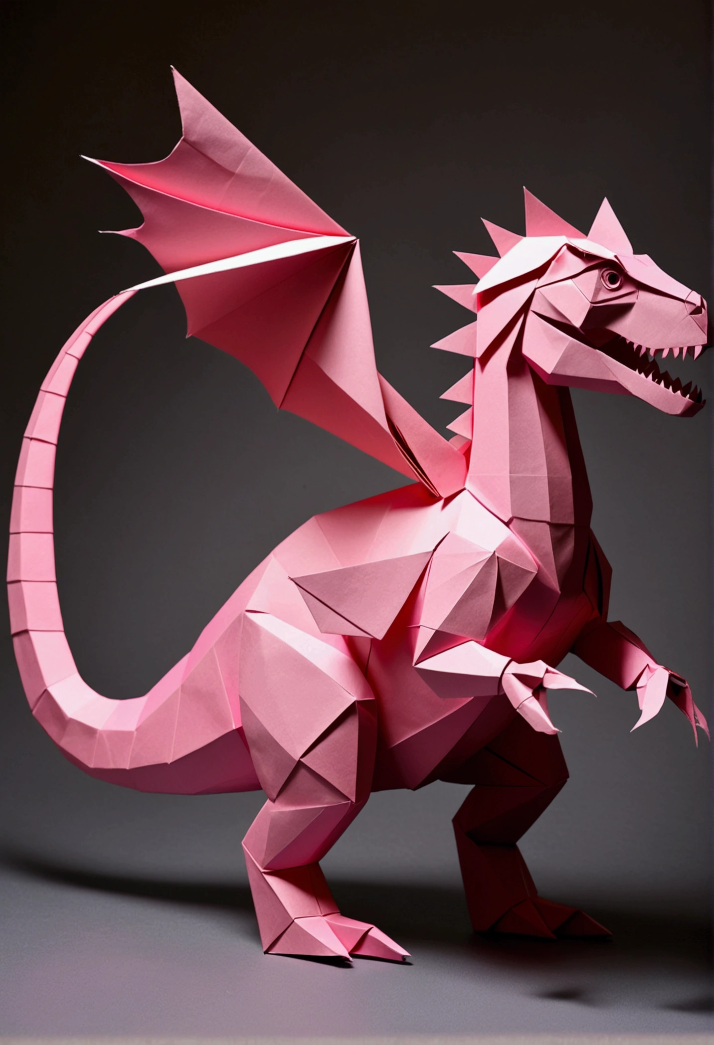 Pink dinosaur made from paper cutting, origami, Very fine cut