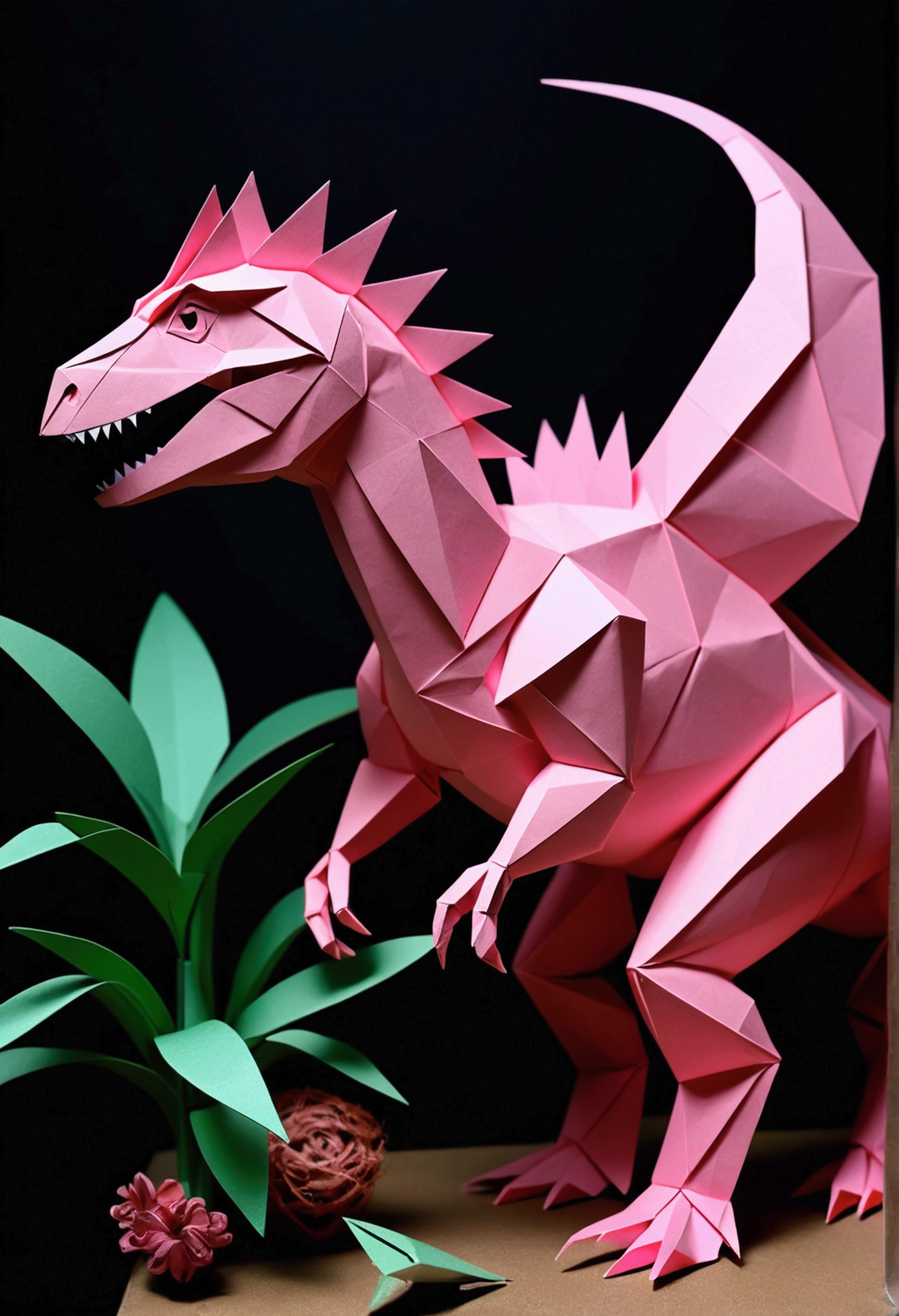 Pink dinosaur made from paper cutting, origami, Very fine cut