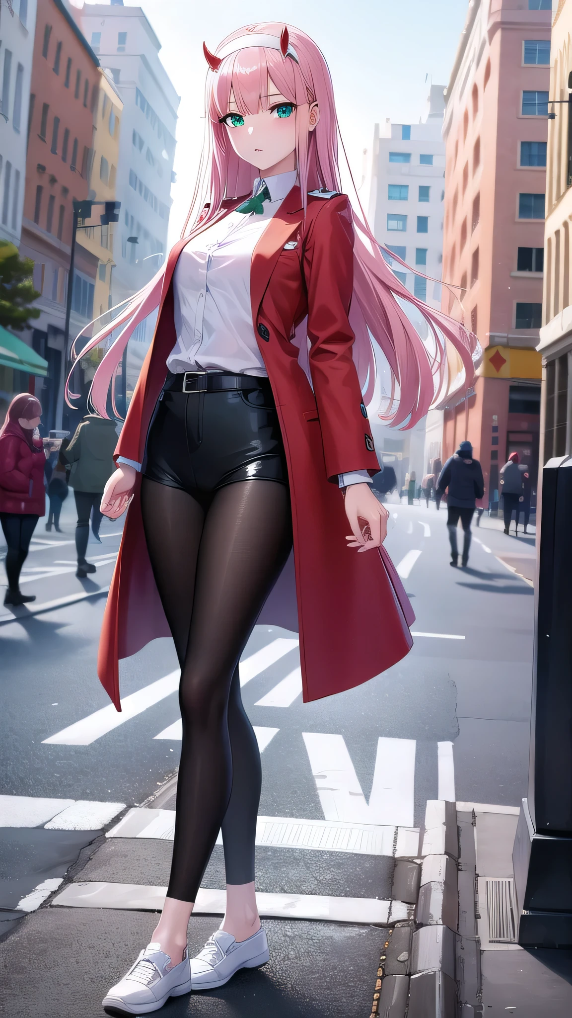 BREAK looking at viewer, BREAK (masterpiece:1.2), best quality, high resolution, unity 8k wallpaper, (illustration:0.8), (beautiful detailed eyes:1.6), extremely detailed face, perfect lighting, extremely detailed CG, (perfect hands, perfect anatomy),city,street,night,wet road, zero two, (green eyes:1.5), hairband, horns, long hair, pink hair, red horns, white hairband,jacket, leggings, red jacket, white footwear,skinny fit,long legs, in middle of street,upper body shot,