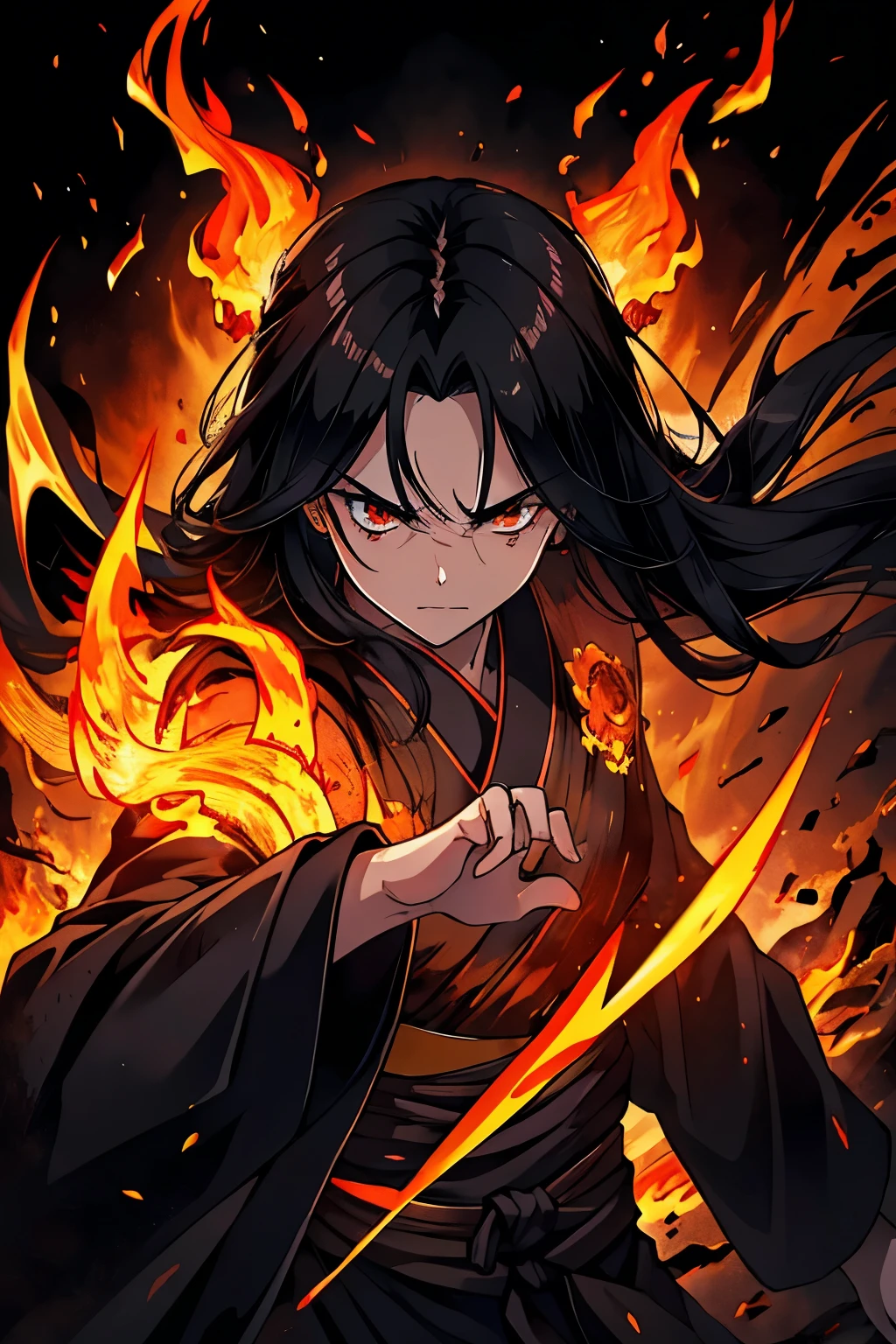 1 chico, long black hair, Brown eyes, black kimono, bandages on hand, black flames around the body, angry, black flames enveloping hands, eye with black flames, fighting pose, black flames coming out of right eye