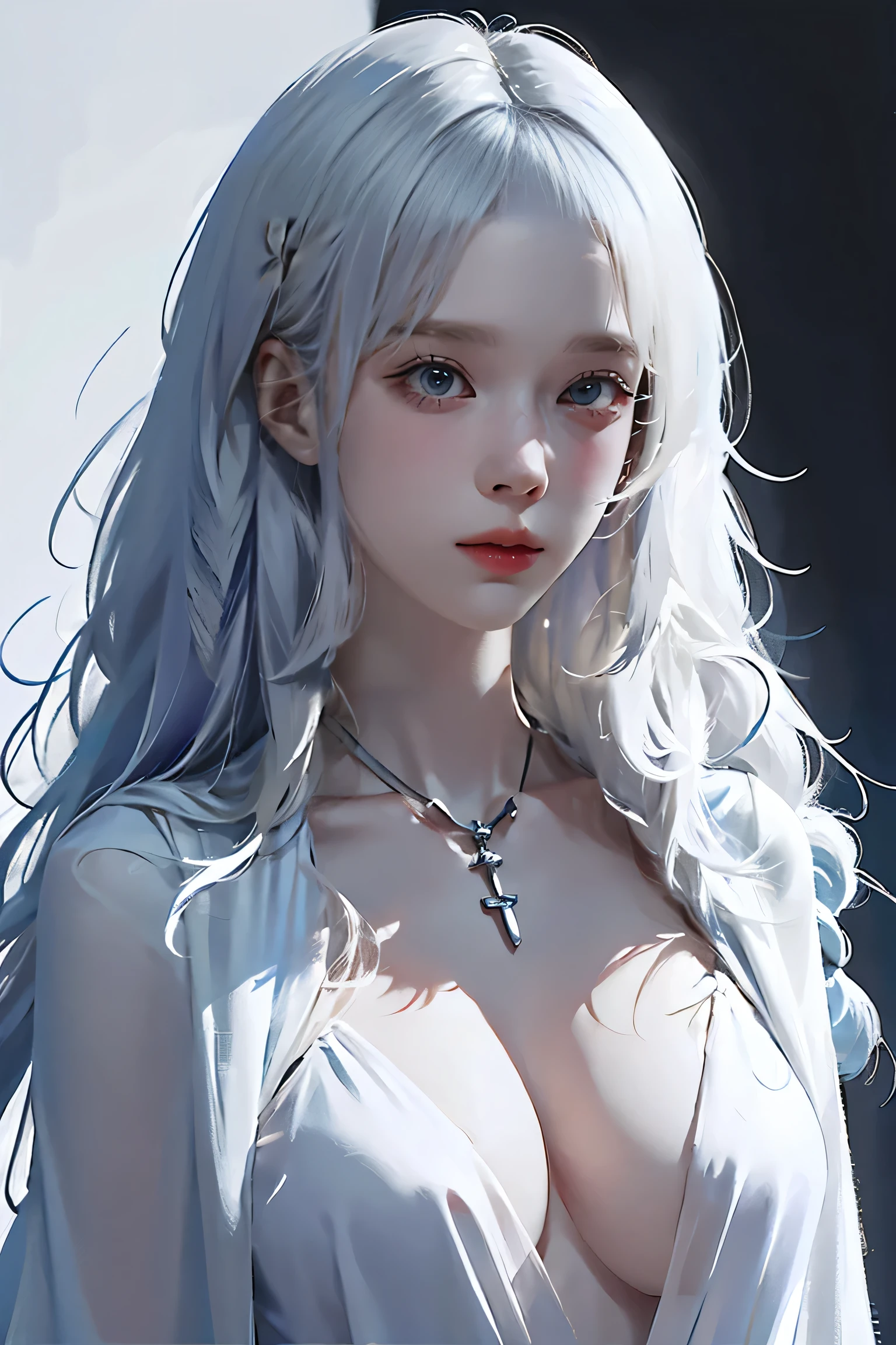 ((woman with tattoo on chest)), girl, ((long white hair with bangs,, Black strands of hair)), Purple eyes, White T-shirt and white cape, Pendant around the neck. 超High resolution.Realistic. 超High resolution.Realistic:1.4,超High resolution. Realistic,High resolutionで, masterpiece, Highest quality, Very detailed, Better Shadows, Volumetric lighting), super high quality, High resolution, 8k, Ultra-Realistic Portraits , Realistic, Dynamic Lighting, Volumetric lighting, Very detailed顔,(Browsing Caution:1.0), Full Body Stand Posture, Thin legs, ((Large Breasts)), Detailed facial details, Natural and beautiful standing posture,