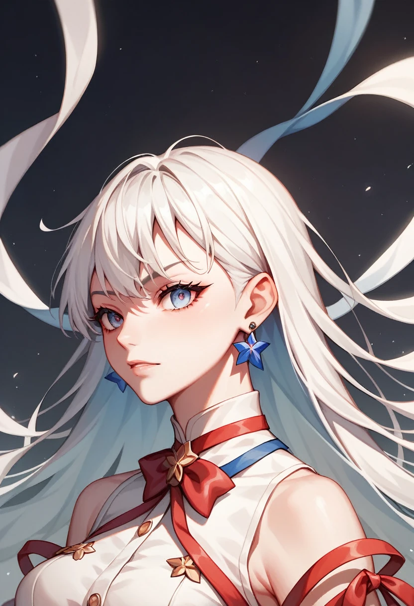 March7th, multicolored_eyes, ribbon earrings, white hair, long hair, (masterpiece), long hair, isometric, UHD, high detail, anime aesthetic, Anime screenshot
