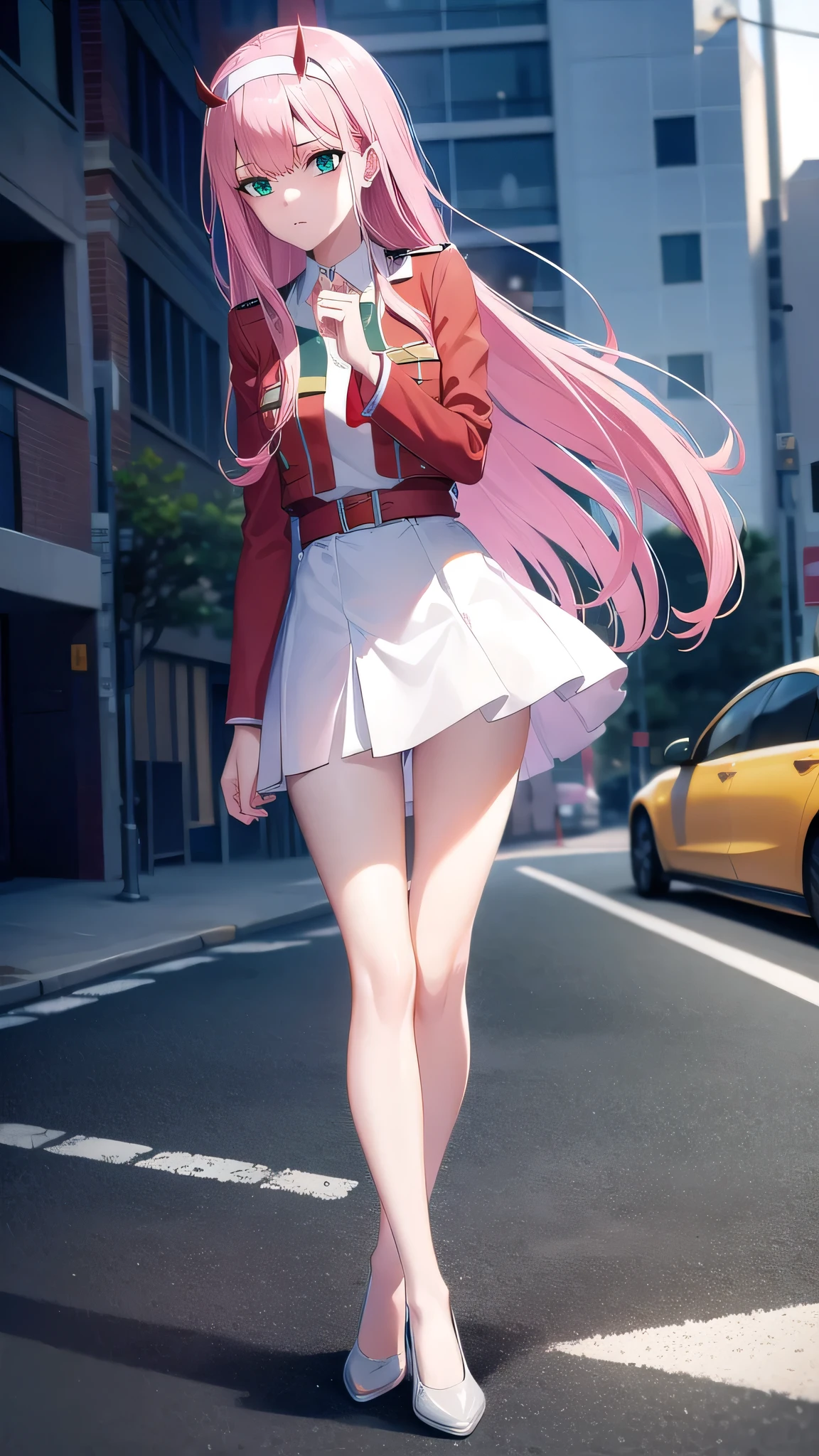 BREAK looking at viewer, BREAK (masterpiece:1.2), best quality, high resolution, unity 8k wallpaper, (illustration:0.8), (beautiful detailed eyes:1.6), extremely detailed face, perfect lighting, extremely detailed CG, (perfect hands, perfect anatomy),city,street,night,wet road, zero two, (green eyes:1.5), hairband, horns, long hair, pink hair, red horns, white hairband,jacket, leggings, red jacket, white footwear,skinny fit,long legs, in middle of street,upper body shot,