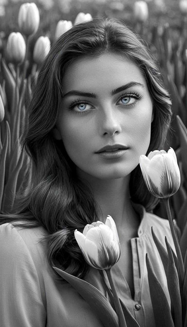 Photo noir et blanc et bleu profond, une femme aux yeux bleus sublimes, (longs cheveux aux reflets bleus électriques très détaillés), une peau impeccable, tir à moitié du corps, tenant une tulipe darkblue, intensité du regard captivant, style de photographie fantaisiste, capturé avec un appareil photo Arriflex 35BL utilisant des objectifs Canon K25, Cinématique, Éclairage dramatique, Extrêmement clair, masterpiece surréaliste à couper le souffle, (sublime tulipe très détaillé, tulipe aux couleurs irisées), arttlpwllw
