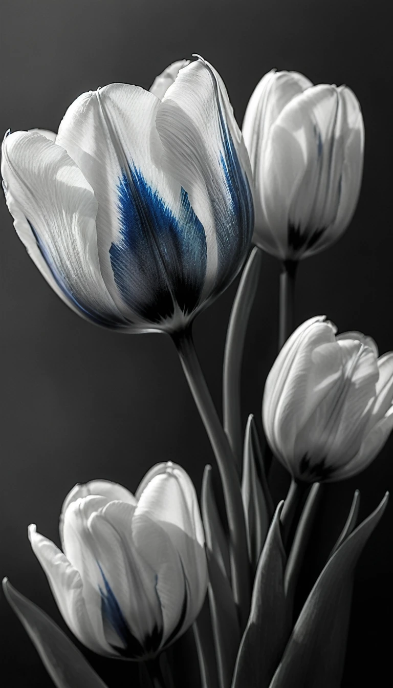 Photo noir et blanc et bleu profond, une femme aux yeux bleus sublimes, (longs cheveux aux reflets bleus électriques très détaillés), une peau impeccable, tir à moitié du corps, tenant une tulipe darkblue, intensité du regard captivant, style de photographie fantaisiste, capturé avec un appareil photo Arriflex 35BL utilisant des objectifs Canon K25, Cinématique, Éclairage dramatique, Extrêmement clair, masterpiece surréaliste à couper le souffle, (sublime tulipe très détaillé, tulipe aux couleurs irisées), arttlpwllw
