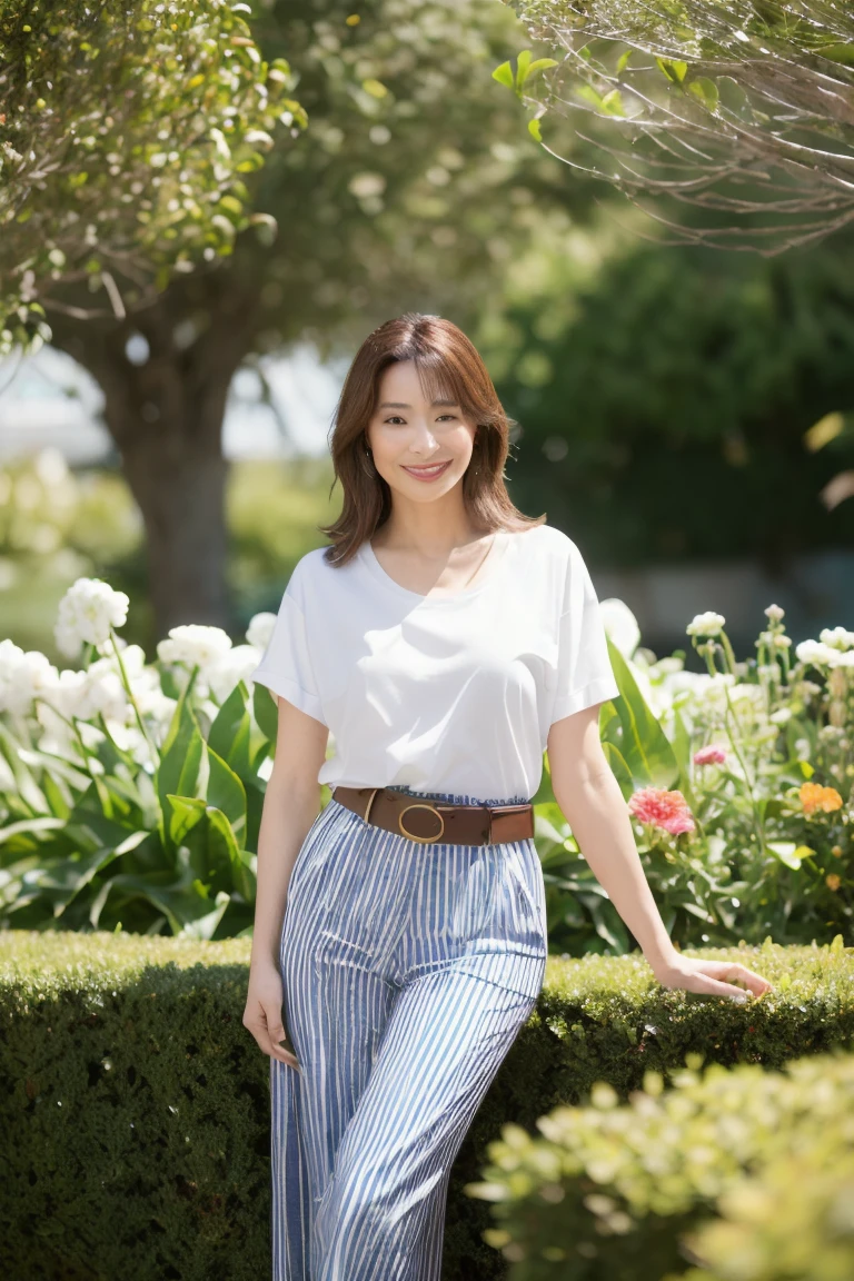 nsfw, ( 8k , best quality, masterpiece, ultra high res, highly detail face:1.3), an extremely detailed and delicate, SIGMA 85 mm F/1.4, (A slender-faced beauty:1.3), (in the garden:1.2), sunlight, in a morning, extremely fine and beautiful, full body shot, Composition with the whole body in the picture, Japanese, (45 yo attractive wife:1.3), beautiful,(t-shirt, paired with Striped wide pants, large, deep rise, loose fit that accentuate the figure. Add a touch of elegance with a statement belt and ankle boots:1.3), (happy smile:1.3), (f-cup breasts:1.3), Emphasize the cleavage, Seductive pose, long brown hair, (in a Luxury Boutique)