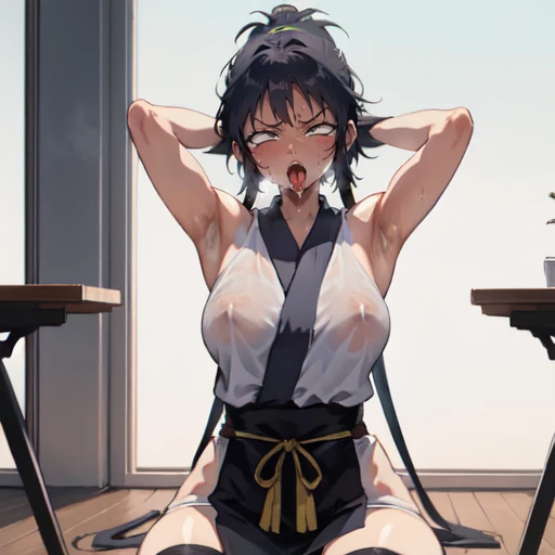 1girl, (ahegao),(muscle1.4), (masterpiece:1.3), (high resolution), (8K), (extremely detailed), (4k), (pixiv), perfect face, nice eyes and face, (best quality), (super detailed), detailed face and eyes, (solo), textured skin, absurdres, highres, wzkomachine, white eyes, Small breasts, sash, bike shorts, short sleeves, bangs, black gloves, fingerless gloves, long hair, black hair,ponytail, japanese clothes, kimono, sitting on floor, looking at viewer,Nipple exposure,Sexy, flirtatious, Solitary, eternity, - Hip vents, No underwear,No eyeballs, Also available in black, low twin braids,Facing the audience, looking at the audience, tired, from below, (Exposed armpit:1.1), ((armpit:1.2)), sexy, Sweating, More and more sweat,(ahegao), (Roll your eyes), Naughty face, blush, open mouth, Sticking out tongue, saliva, Slobber,Skinny, raise arms, (arms above head:1.5)