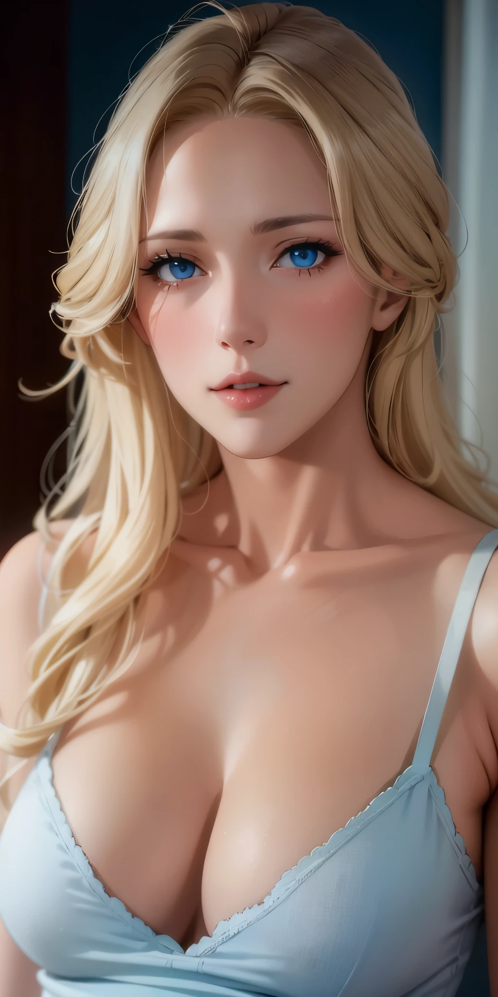 Elegant mature woman, milf, blue eyes, blonde hair, bangs, soft light, 4k resolution, high quality, beautiful cg