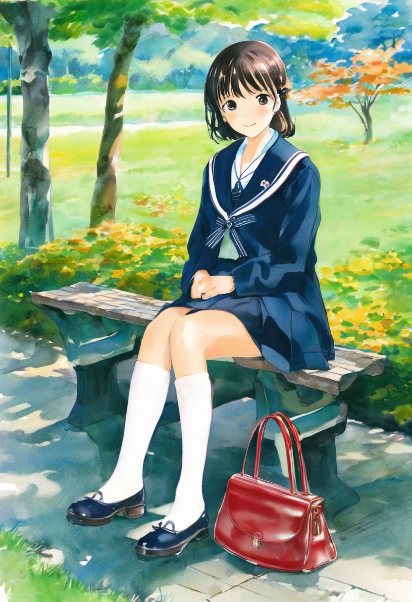 there is a woman sitting on a bench with a purse, seifuku, Japanese girls uniform, Japanese School Uniform, wearing Japanese School Uniform, Another Iwakura, loose coat collar Sailor suit, aya takano color style, Yasumoto Oka, Another Iwakura, Sailor suit, aya takano, narumi kakinouchi