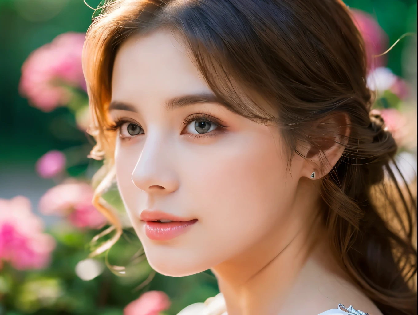 a beautiful girl in a garden, 1girl, detailed eyes, detailed lips, long eyelashes, elegant dress, sunlight, outdoor, photorealistic, (best quality,4k,8k,highres,masterpiece:1.2),ultra-detailed,(realistic,photorealistic,photo-realistic:1.37),HDR,UHD,studio lighting,vivid colors,dramatic lighting