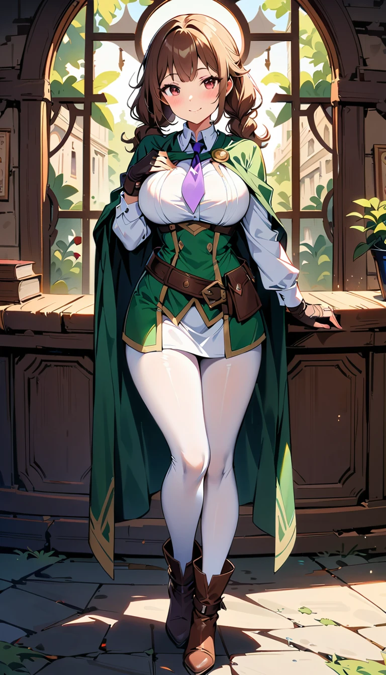 masterpiece, top-quality, the Extremely Detailed CG Unity 8K Wallpaper, natural light, (((1girl in))), ((short brown hair, braided-twintail hairstyle)), (((sexypose))), Model body type, large full breasts, ((cute face)), (gently smiling: 1.2), (beautiful eyelashes), red eyes, Beautiful face, beautiful a girl, Exquisite facial features depicting the perfect face, blushing, Naturally beautiful, Sweating, sexy, erotic, curvy, (adventurer guild clerk girl), (green adventurer guild outfit, purple necktie, green short cape, green beret, white leggings, leather fingerless gloves, leather utility belts, leather high heels boots, adventurer guild background, detailed, 8K resolution, Professional Lighting, (glistning skin:0.9), perfect hand, ((full body shot))