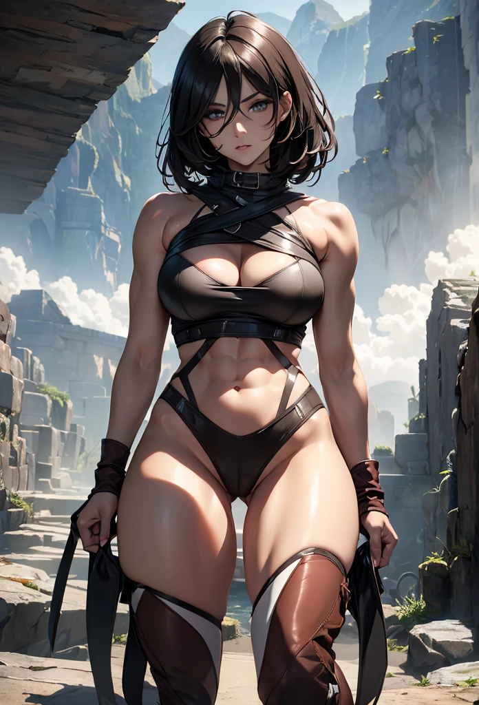 (best quality,4k,highres,masterpiece:1.2),physically-based rendering,HDR,ultra-detailed,professional,vivid colors,portraits,anime,Mikasa Ackerman,climbing,jaw-dropping 30-meter wall,breathtaking scenery,sleek figure,long legs,alluring physique,luscious curves,beautiful detailed eyes and face,radiant and fiery eyes,sharp gaze,meticulously defined features,seductive lips,mesmerizing expression,flowing dark hair,determined and strong-willed,striking appearance,breathtakingly attractive,commanding presence
