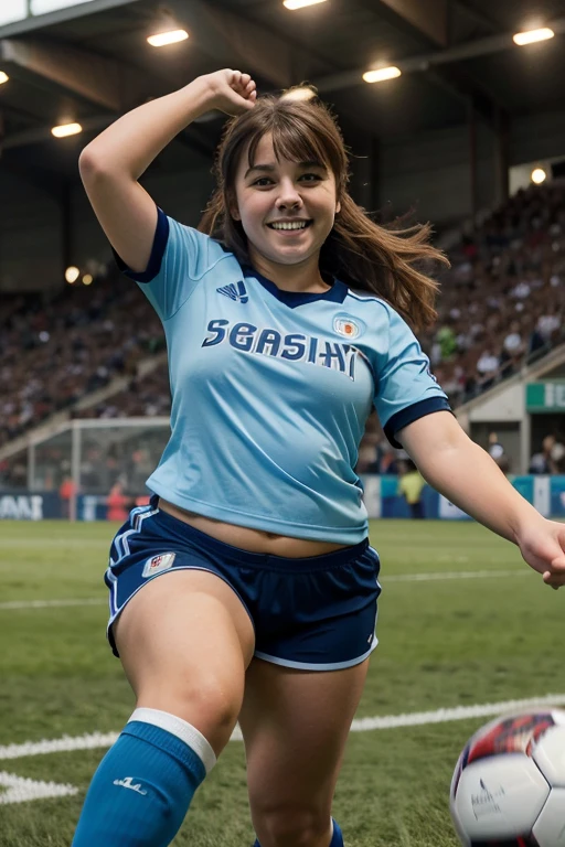 Chubby Teen, fully body, light brown hair with bangs, hair stuck, large, expressive eyes, Smile showing teeth, soccer girl, italian blue uniform, number 9 shirt, red cleaver with black details, italian blue long socks, celebrating goal in packed stadium