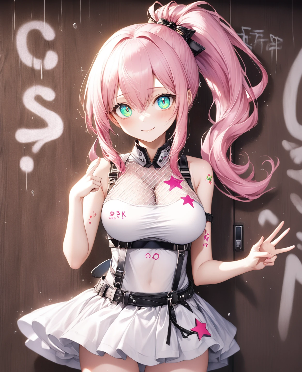 (Highest quality,8k,32K,masterpiece,Ultra-high resolution :1.2 ),born,One girl,Super cute,Natural light,Clear, shining eyes,20-year-old,Fair skin,A fantasy background of a clubhouse-like electronic world,Pink Hair,Hairstyle with some white mesh,High ponytail,Large Breasts,Band-like clothing,Nagashi somen,Nagashi somenを胸で受け止めている,Water on the chest,Meloic sign,Wish pose,Pink star tattoo under eye,Tehepero,Innocent smile,There is spray-painted graffiti on the wall,Band members,Tree eyes,A dynamic pose