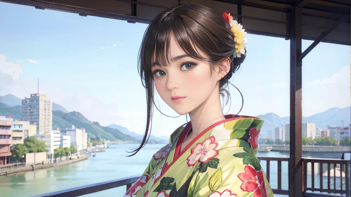 (Highest quality, 8k, masterpiece, High resolution), (whole body), Vibrant colors, (headphones, wearing headphones), Brown-black bob, Traditional round topknot, Ample breasts, (Highly detailed face and eyes, Beautiful Face, Beautiful Eyes, Beautiful nose, Pretty lips), (Beautiful woman standing on a riverside observation deck), A friendly gaze, Oh! Facial expression that, (Vivid floral patterned kimono), Official Art, The background is a wide river, Nearby bridge, Riverside streetscape, Mountains in the distance, Detailed CG,