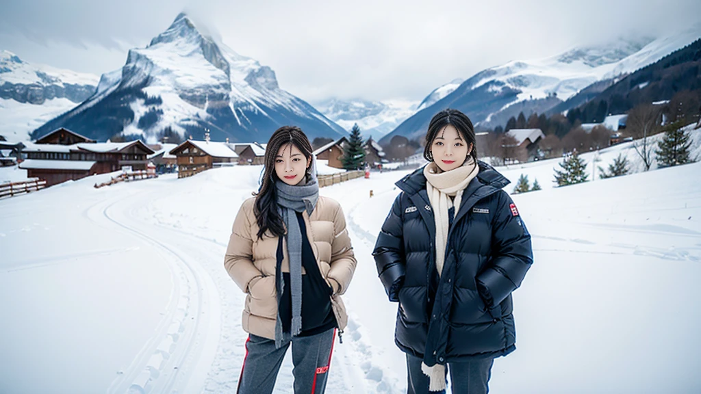In snowy Switzerland, middle metaverse, with short hair, 3~Female model in her 40s, 4 thousand ], 4K], 37 year old Korean woman, Inspired by movie star Kim Ji-won, View of the snowy landscape of Jungfrau, Switzerland. padded jacket, casual pants. thick muffler、gray muffler, Photo showing the waist area, slightly smiling expression, Slight wrinkles are visible on the face of a woman in her 50s.. casual pants를 입고, Show your waist. Standing on white snow, Woman in her 50s, 1 woman alone, Visible up to the waist
