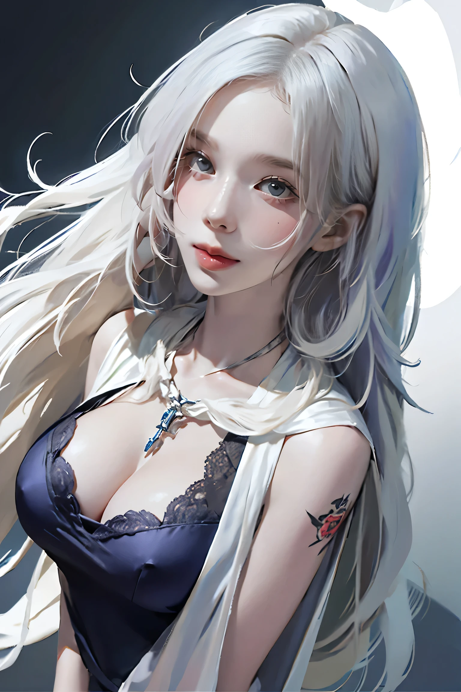 ((Woman with tattoo on chest)), girl, ((long white hair with bangs,,, Black strands of hair)), Purple eyes, White T-shirt and white cape, Pendant around the neck. 超High resolution.Realistic. 超High resolution.Realistic:1.4,超High resolution. Realistic,High resolutionで, masterpiece, Highest quality, Very detailed, Better Shadows, Volumetric lighting), super high quality, High resolution, 8k, Ultra-Realistic Portraits , Realistic, Dynamic Lighting, Volumetric lighting, Very detailed顔,(Browsing Caution:1.0), Full Body Stand Posture, Thin legs, ((Large Breasts)), Detailed facial details, Natural and beautiful standing posture,