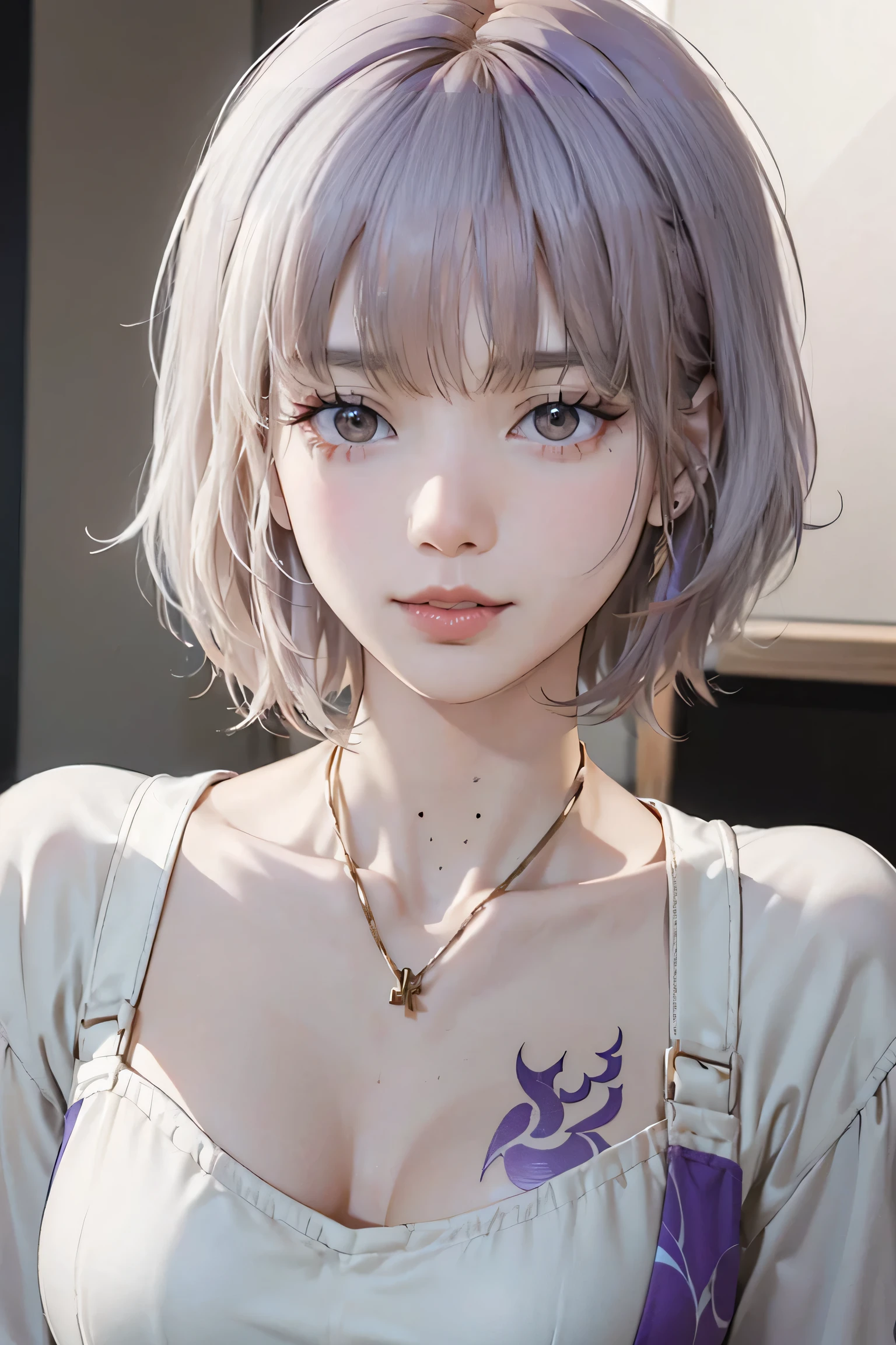 ((Close-up of a woman with tattoos on her chest)), girl, ((Short white hair with bangs, Black strands of hair)), Purple eyes, White T-shirt and white cape, Pendant around the neck. 超High resolution.Photorealistic. 超High resolution.Photorealistic:1.4,超High resolution. Realistic，High resolutionで, masterpiece, Highest quality, Very detailed, Better Shadows, Volumetric lighting), super high quality, High resolution, 8k, Ultra-Realistic Portraits , Photorealistic, Dynamic Lighting, Volumetric lighting, Very detailed顔,