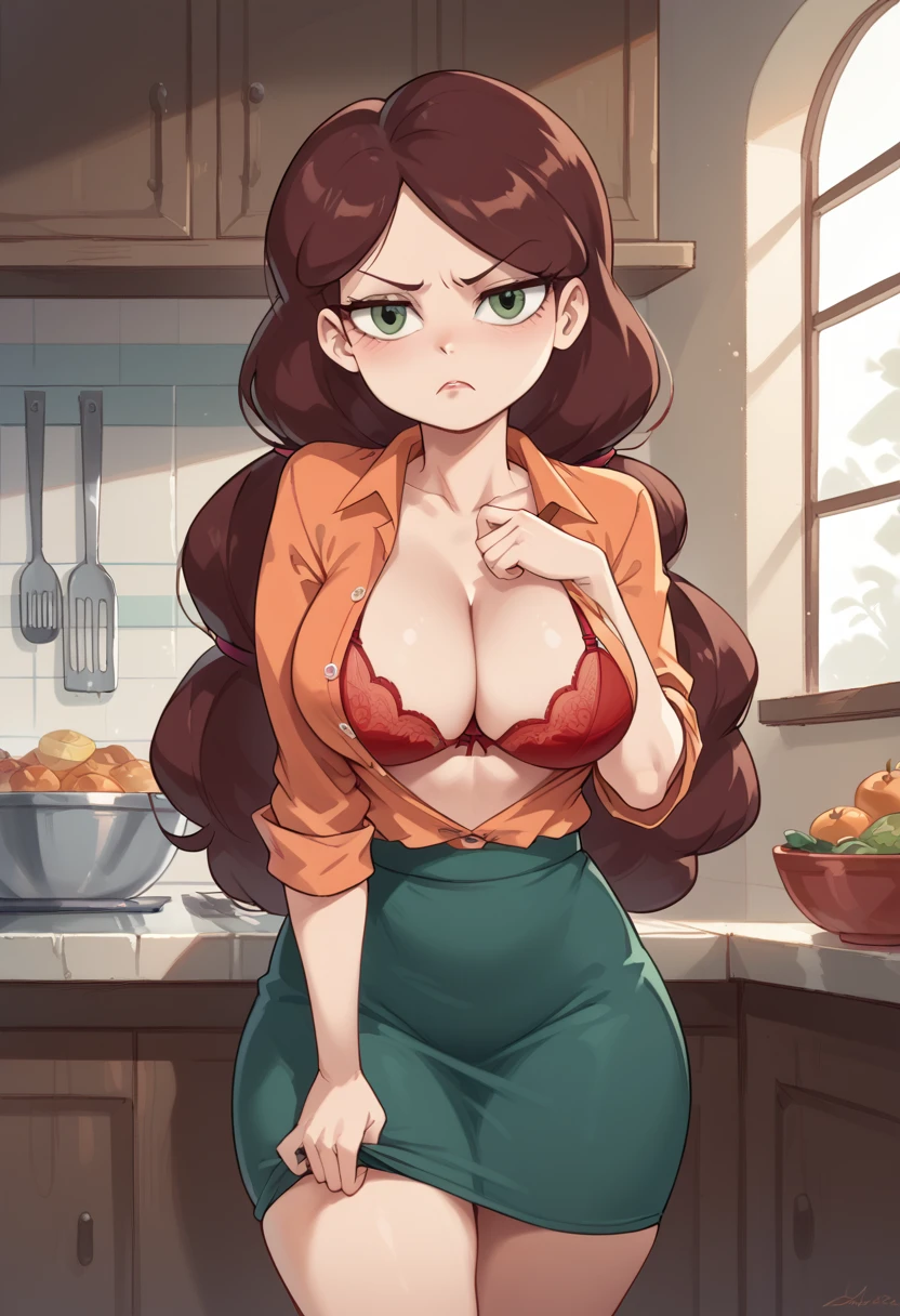 angie diaz, by the cafe, by the wide, Chinese hair, unbuttoned orange shirt (you can see her sexy red bra), big breasts, a lot of hips, dark green long skirt, With one hand she lifts her skirt to show her sexy red panties, with the other hand he opens his shirt, annoyed, in an overloaded kitchen, she brings red and sexy panties.