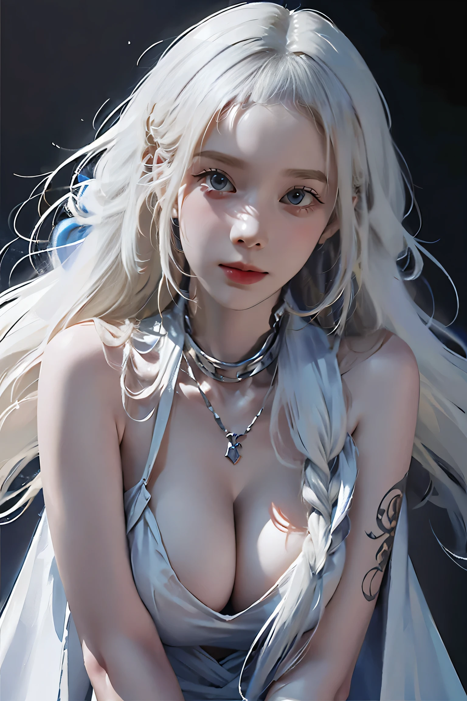 ((Woman with tattoo on chest)), girl, ((long white hair with bangs,,, Black strands of hair)), Purple eyes, White T-shirt and white cape, Pendant around the neck. 超High resolution.Realistic. 超High resolution.Realistic:1.4,超High resolution. Realistic,High resolutionで, masterpiece, Highest quality, Very detailed, Better Shadows, Volumetric lighting), super high quality, High resolution, 8k, Ultra-Realistic Portraits , Realistic, Dynamic Lighting, Volumetric lighting, Very detailed顔,(Browsing Caution:1.0), Full Body Stand Posture, Thin legs, ((Large Breasts)), Detailed facial details, Natural and beautiful standing posture,