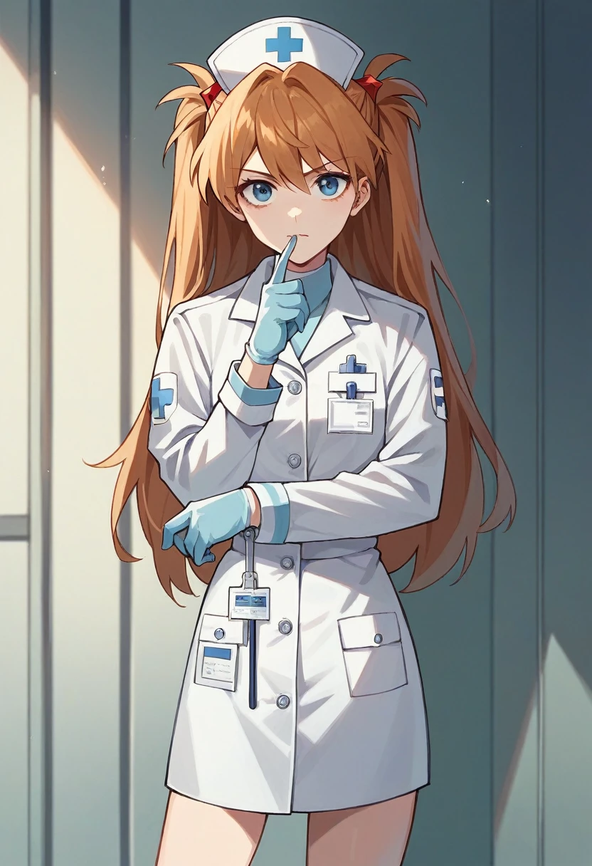 1girl, Souryuu Asuka Langley, ((blue medical gloves)), (paramedic uniform), ((long sleeves)), looking at viewer, standing, solo