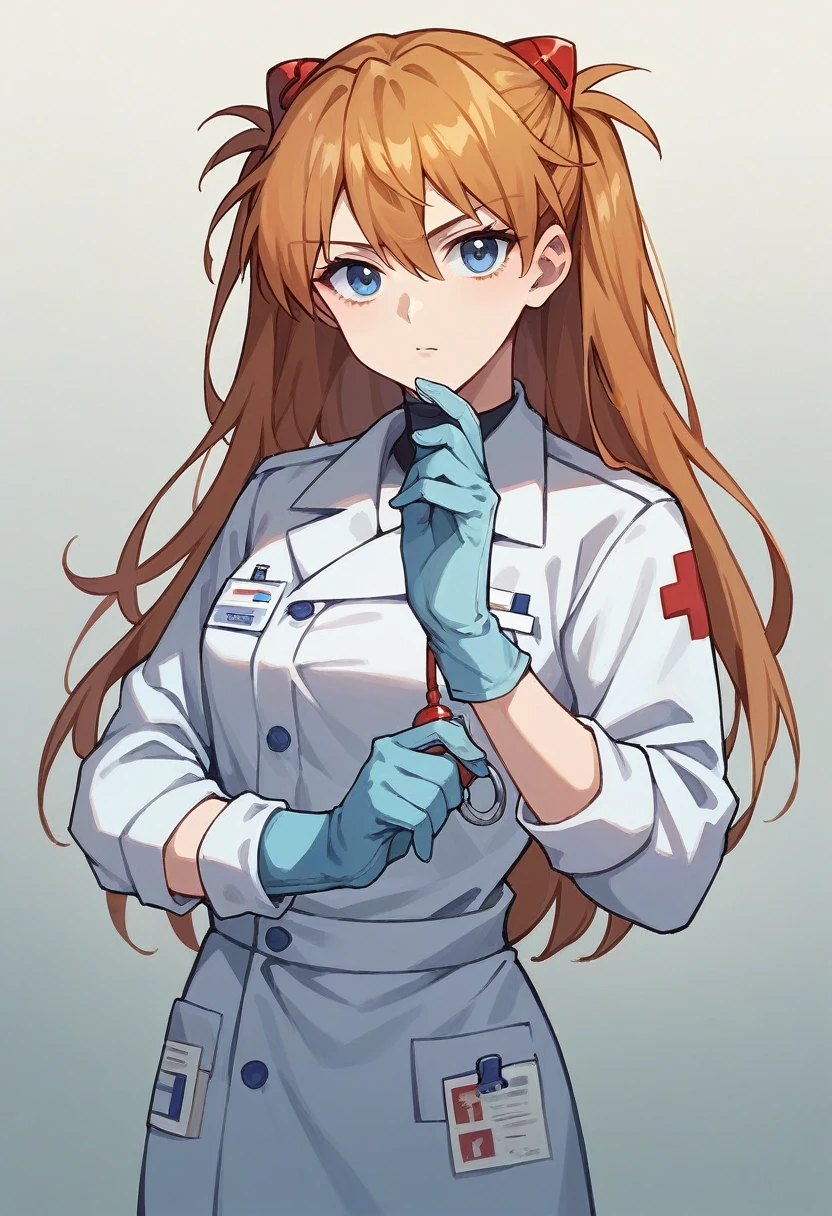 1girl, Souryuu Asuka Langley, ((blue medical gloves)), (paramedic uniform), ((long sleeves)), looking at viewer, standing, solo

