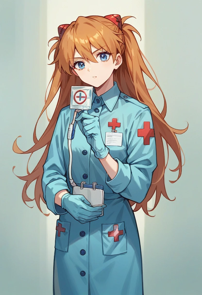 1girl, Souryuu Asuka Langley, ((blue medical gloves)), (paramedic uniform), ((long sleeves)), looking at viewer, standing, solo

