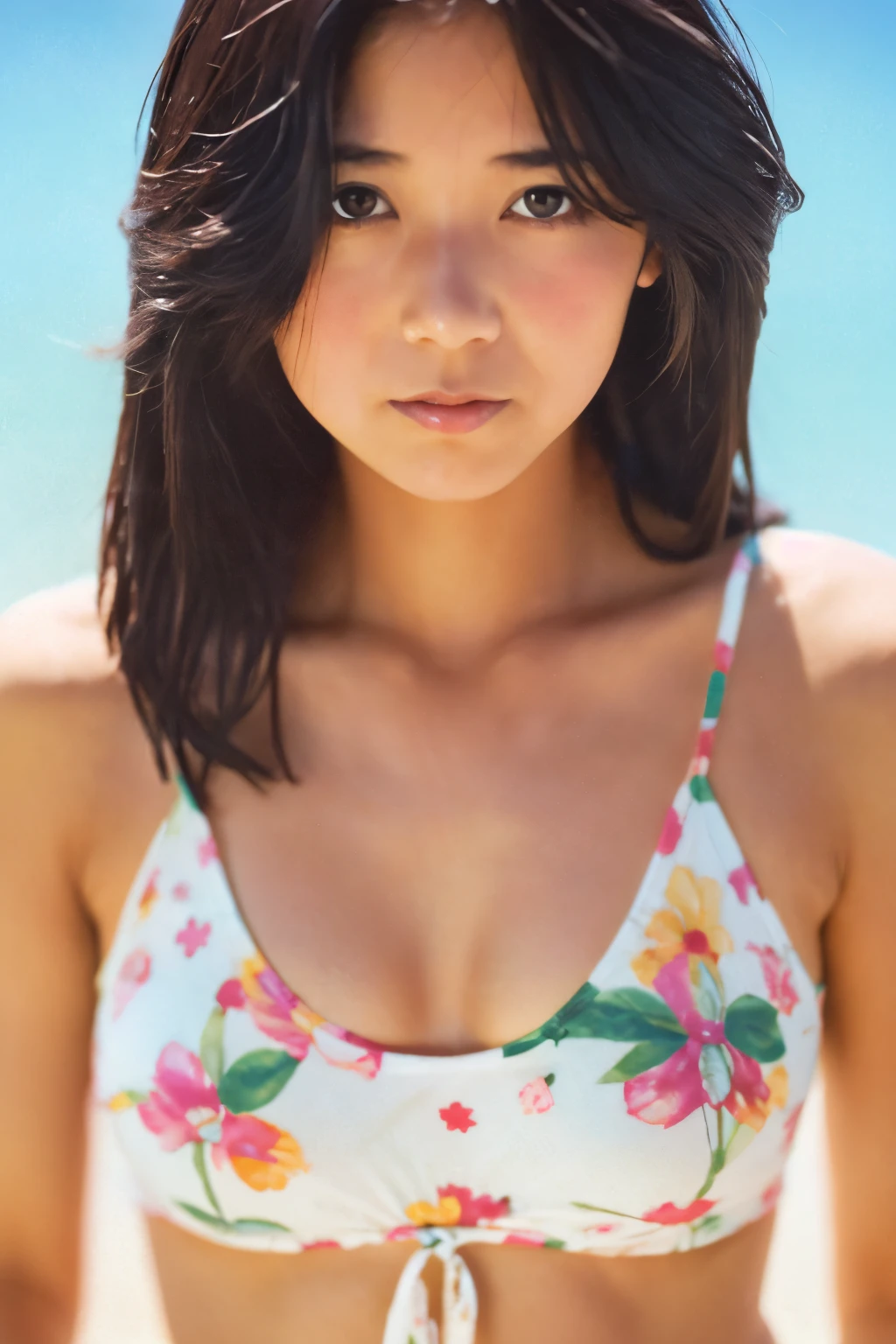 8k, highest quality, masterpiece, super high resolution, (realistic:1.4), RAW Photos, (Film Grain:1.3), One Girl, portrait of a skinny Japanese woman, 30 years old, standing on the beach, a cute face, detailed face, detailed eyes, {short|long} hair, correct body anatomy, wearing a colorful swimsuit, photogravure