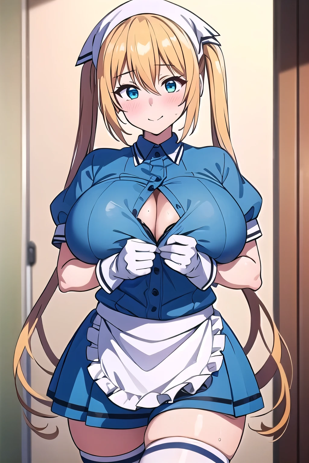 (masterpiece, best quality:1.2), 独奏, 1girl, hinata kaho, smile, looking at viewer, twintails, head scarf, waitress, frills, blue shirt, waist apron, puffy short sleeves, blue skirt, thighhighs, white gloves,(huge breasts:1.2),(large round breasts),busty,sporty,athletic body,Toned body,Slender,Slender body,Large breasts,(Poses that accentuate large breasts),Nice body,Stylish,sweat,steam,breath,blush,Estrus,((breast squeeze)),The shirt is unbuttoned,undressing,cleavage,((peek bra))