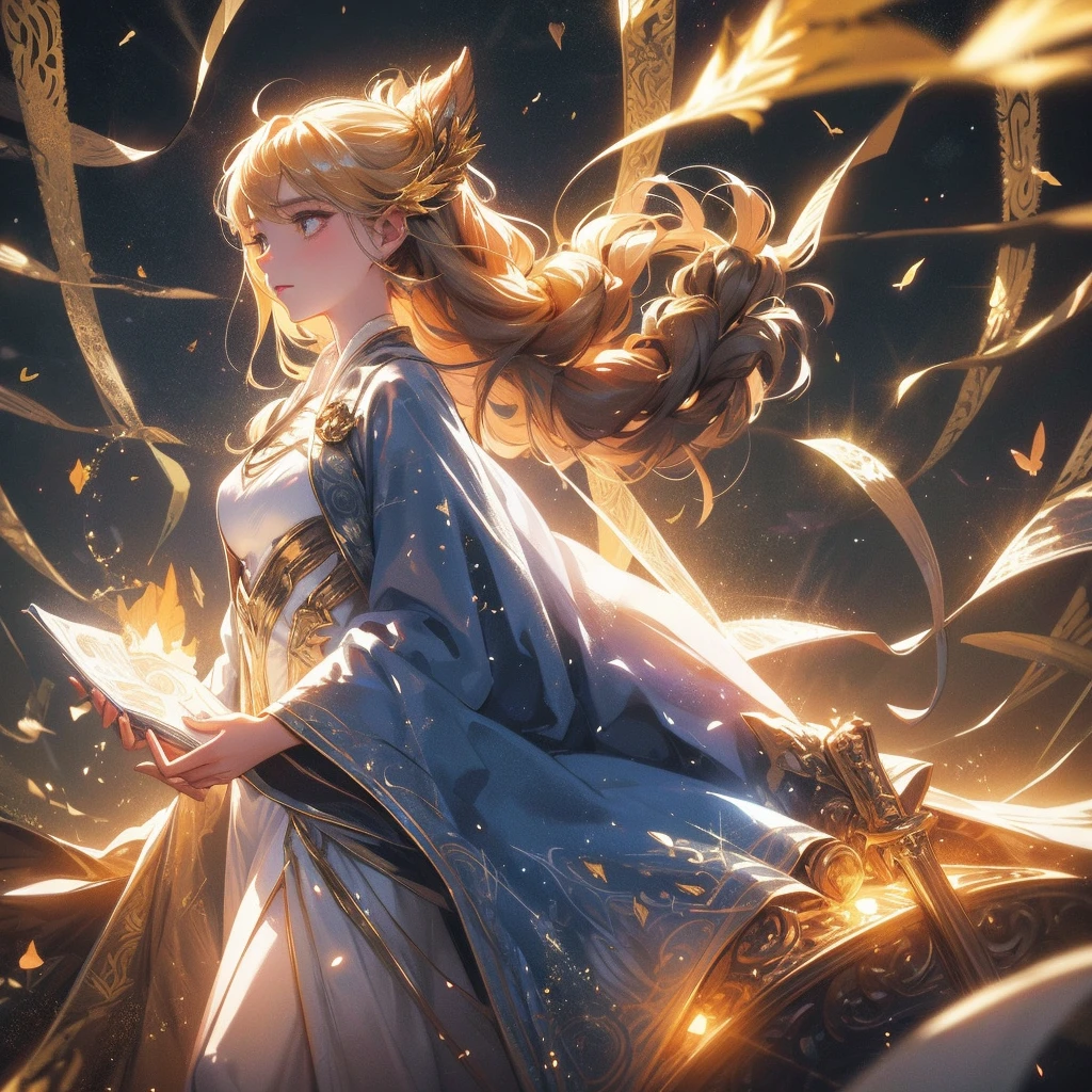 A girl stands in the dark, surrounded by light particles and shimmering gold sparks that form an ethereal glowing wolf silhouette above her head. The atmosphere is mysterious with soft lighting creating a magical ambiance. Digital illustration.
