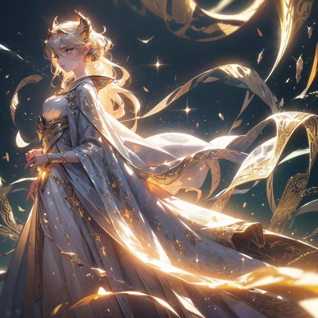 A girl stands in the dark, surrounded by light particles and shimmering gold sparks that form an ethereal glowing wolf silhouette above her head. The atmosphere is mysterious with soft lighting creating a magical ambiance. Digital illustration. 