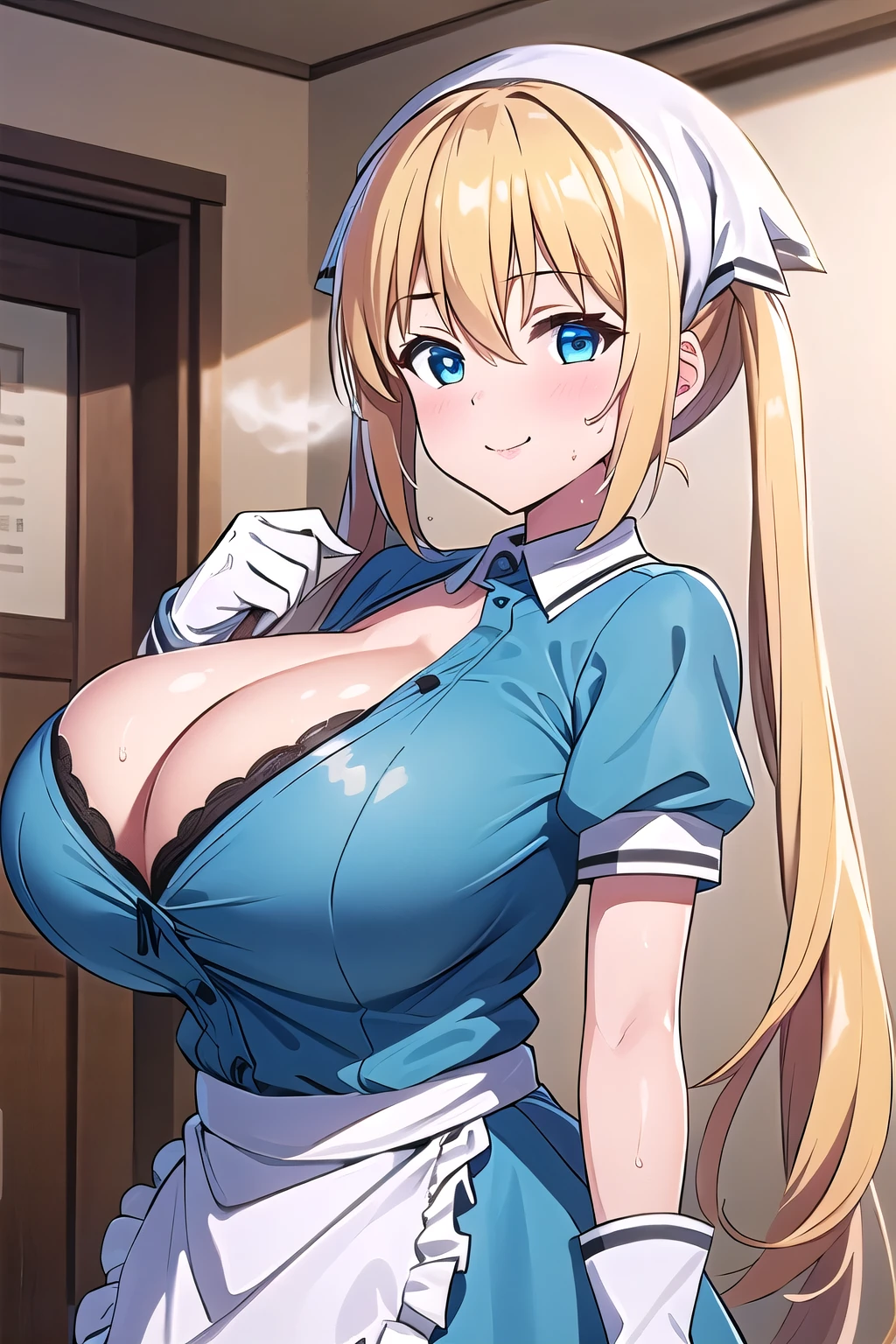 (masterpiece, best quality:1.2), 独奏, 1girl, hinata kaho, smile, looking at viewer, twintails, head scarf, waitress, frills, blue shirt, waist apron, puffy short sleeves, blue skirt, thighhighs, white gloves,(huge breasts:1.2),(large round breasts),busty,sporty,athletic body,Toned body,Slender,Slender body,Large breasts,(Poses that accentuate large breasts),Nice body,Stylish,sweat,steam,breath,blush,Estrus,((breast squeeze)),The shirt is unbuttoned,undressing,cleavage,((peek bra))