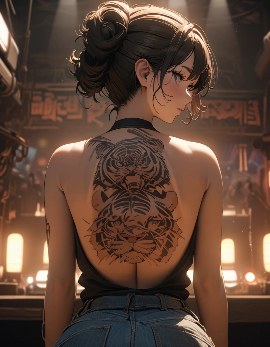 official art, unified 8k wallpaper, Super detailed, Beautiful and beautiful, masterpiece, best quality,,Low cut clothing,Beauty close-up,back,look back,tattoo art,tiger tattoo,Hojoji manga art style,Neon special effects,movie lighting,8k,best quality,masterpiece,OC renderer,Dynamics poses