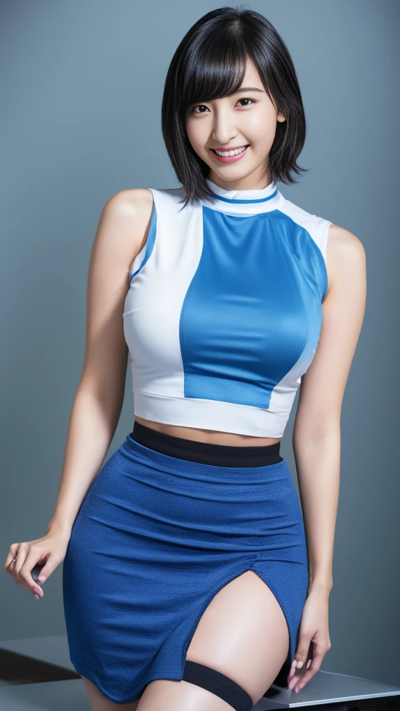 (Highest quality:1.2,8k resolution:1.2),Beautiful mature woman,Characteristic curves,Standing,(white tight midriff sleeveless shirt,csuper leavage,blue extreme super short pencil skirt,black thighhigh socks),navel,curvy hip,Soft Light,slender body,huge breast
masterpiece,ultra-detailed,best quality, absurderes:2.0,realistic, Unity 8K Wallpaper, Realistic face, Realistic skin feeling ,detailed hair, highly detailed, Perfect face, charming face,
1girl, solo,sexy pose,grin