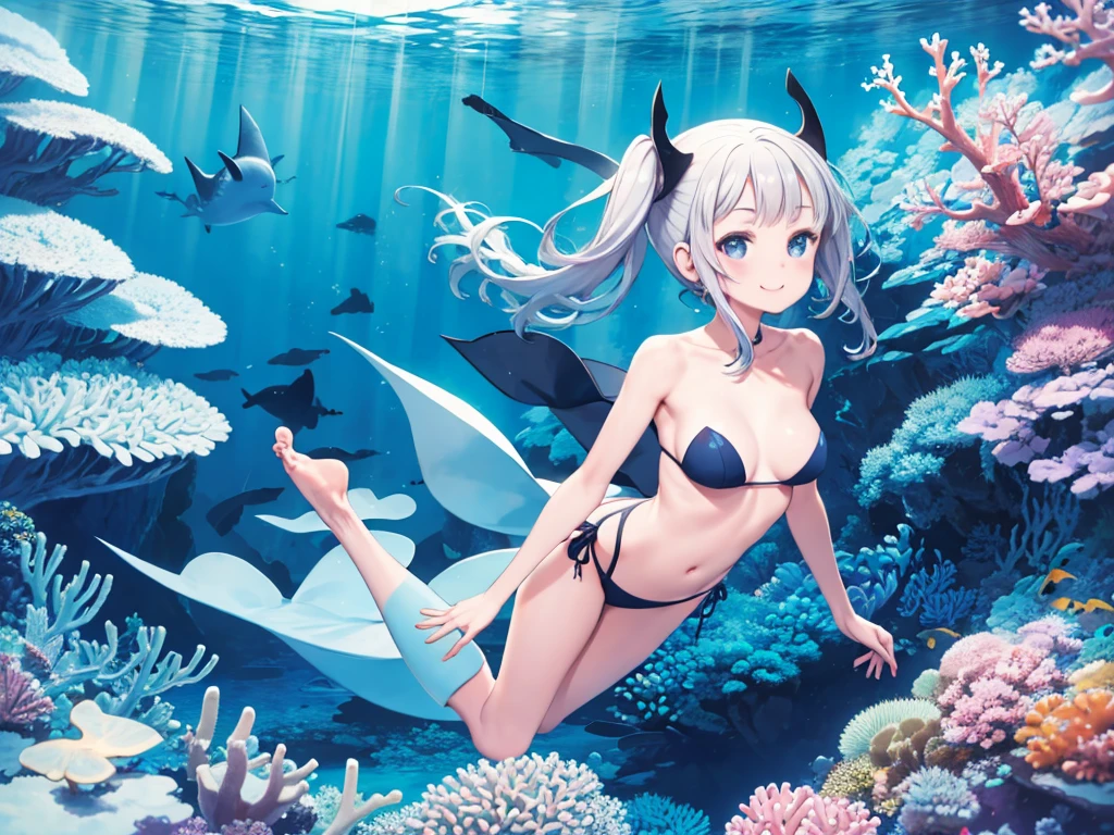 One Woman、diving、Swimming in the ocean、Photographed with Manta Rays、Beautiful underwater、Coral Reef、smile、