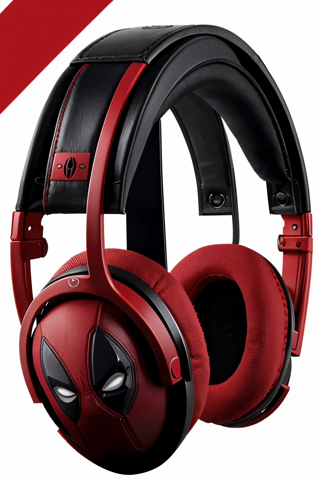 Generate a detailed concept image of Deadpool-themed headphones from the front and back views, Include Deadpool’s colors (red, black, white), and Deadpool logos, The design should have a rugged and playful look, Front view: red with black accents, a Deadpool logo on each ear cup, and white highlights, Back view: predominantly black with red accents and a larger Deadpool logo in the center, Ensure images show details for 3D modeling.