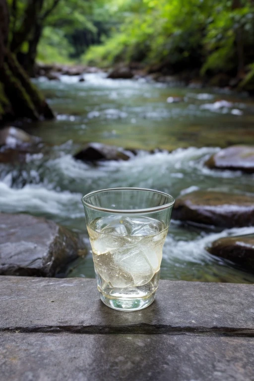 forest、A clear cup on a river stone