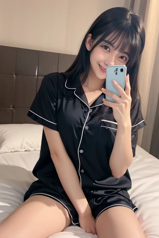 pajamas、Shorts、Thighs、Bed Solo, One girl, Blushing, smile, Black Hair, Close your mouth, Selfie