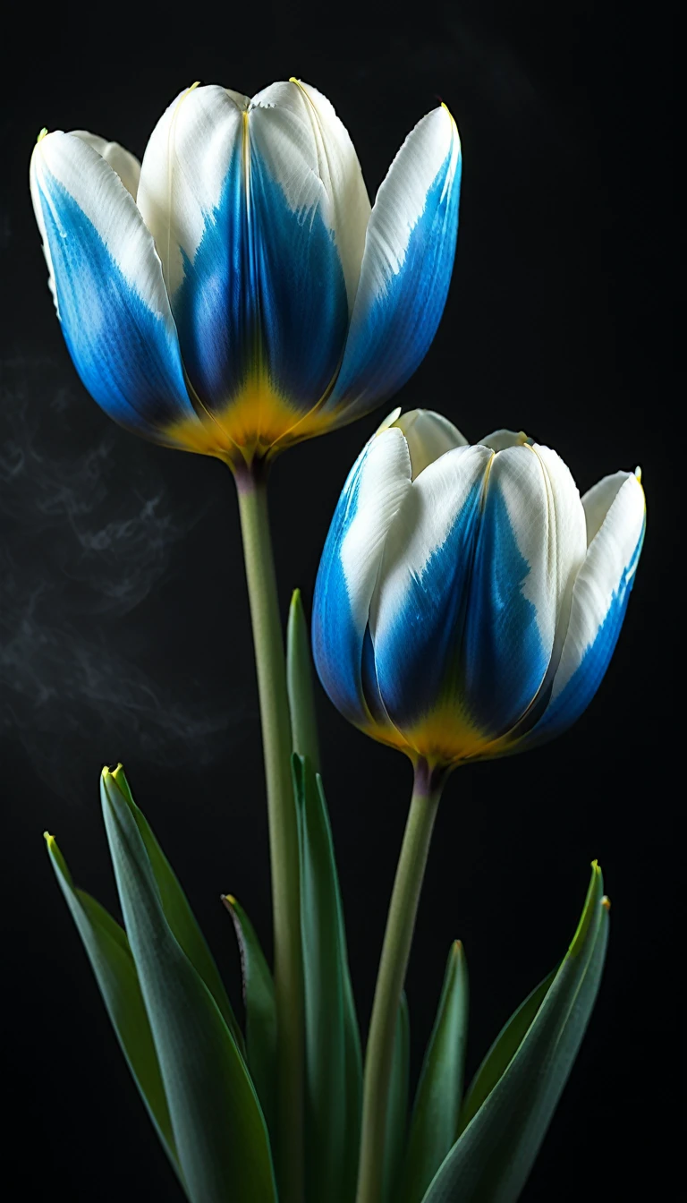 Photo noir et blanc et bleu profond, une femme aux yeux bleus sublimes, (longs cheveux aux reflets bleus électriques très détaillés), une peau impeccable, tir à moitié du corps, tenant une tulipe darkblue, intensité du regard captivant, style de photographie fantaisiste, capturé avec un appareil photo Arriflex 35BL utilisant des objectifs Canon K25, Cinématique, Éclairage dramatique, Extrêmement clair, masterpiece surréaliste à couper le souffle, (sublime tulipe très détaillé, tulipe aux couleurs irisées luminescentes), arttlpwllw
