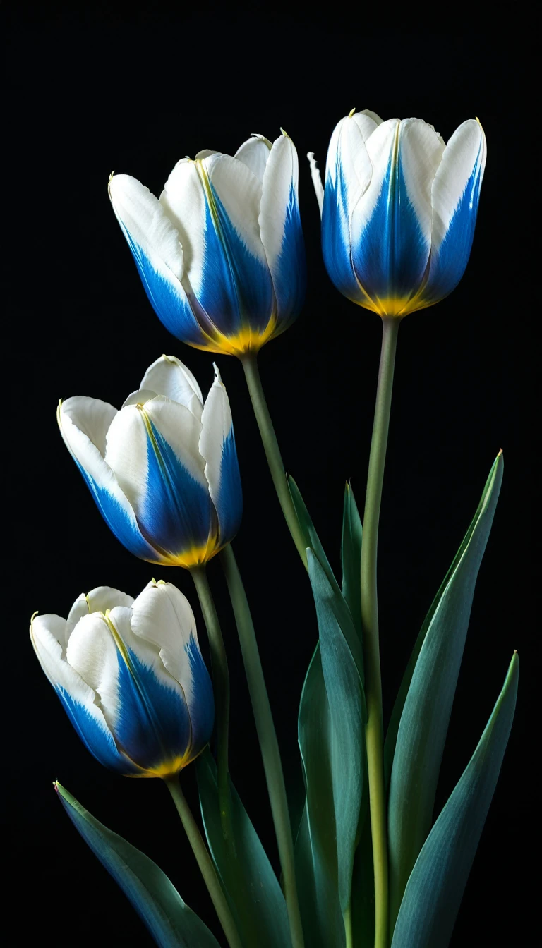 Photo noir et blanc et bleu profond, une femme aux yeux bleus sublimes, (longs cheveux aux reflets bleus électriques très détaillés), une peau impeccable, tir à moitié du corps, tenant une tulipe darkblue, intensité du regard captivant, style de photographie fantaisiste, capturé avec un appareil photo Arriflex 35BL utilisant des objectifs Canon K25, Cinématique, Éclairage dramatique, Extrêmement clair, masterpiece surréaliste à couper le souffle, (sublime tulipe très détaillé, tulipe aux couleurs irisées luminescentes), arttlpwllw
