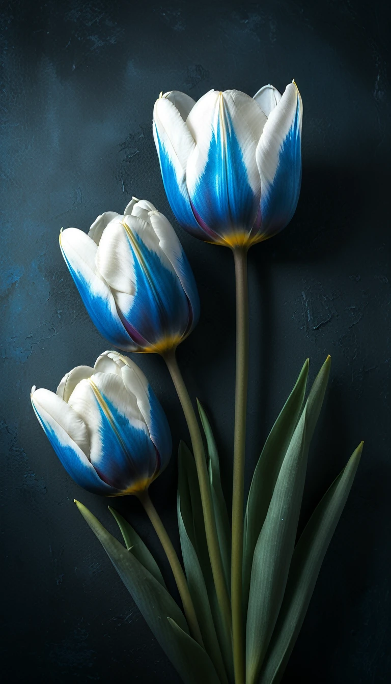 Photo noir et blanc et bleu profond, une femme aux yeux bleus sublimes, (longs cheveux aux reflets bleus électriques très détaillés), une peau impeccable, tir à moitié du corps, tenant une tulipe darkblue, intensité du regard captivant, style de photographie fantaisiste, capturé avec un appareil photo Arriflex 35BL utilisant des objectifs Canon K25, Cinématique, Éclairage dramatique, Extrêmement clair, masterpiece surréaliste à couper le souffle, (sublime tulipe très détaillé, tulipe aux couleurs irisées luminescentes), arttlpwllw
