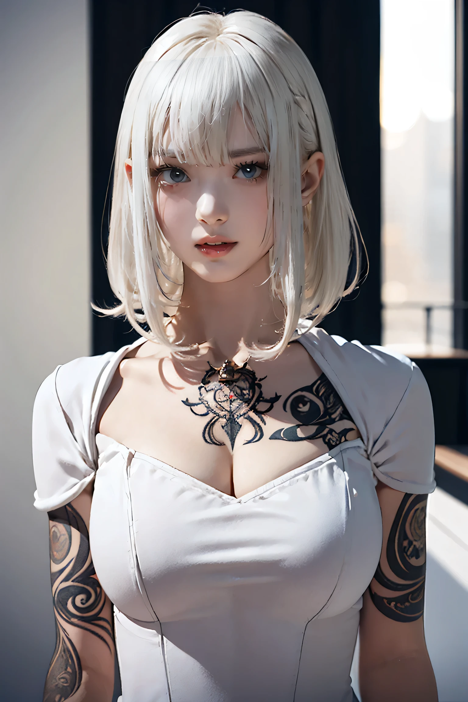 ((Close-up of a woman with tattoos on her chest)), girl, ((Short white hair with bangs, Black strands of hair)), Purple eyes, White T-shirt and white cape, Pendant around the neck. 超High resolution.Photorealistic. 超High resolution.Photorealistic:1.4,超High resolution. Realistic,High resolutionで, masterpiece, Highest quality, Very detailed, Better Shadows, Volumetric lighting), super high quality, High resolution, 8k, Ultra-Realistic Portraits , Photorealistic, Dynamic Lighting, Volumetric lighting, Very detailed顔,(NSFW:0.8),Large Breasts