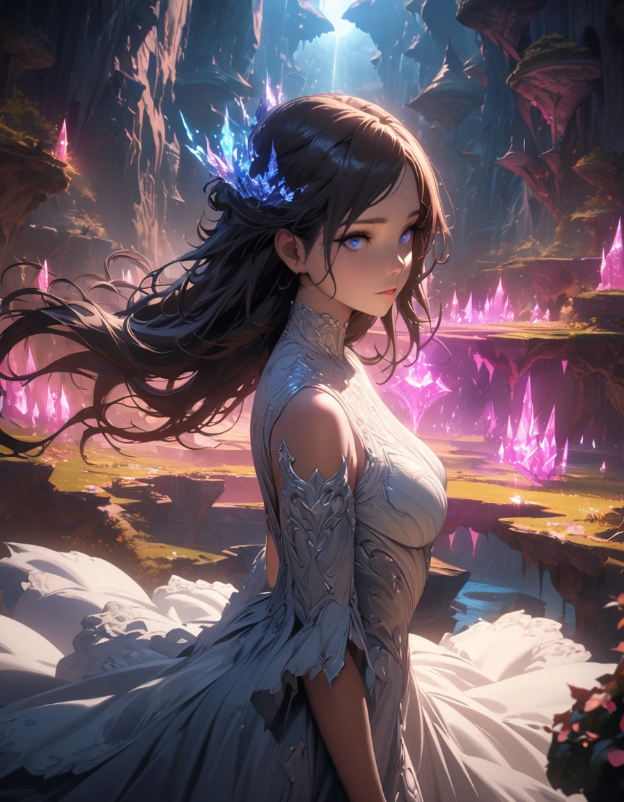 masterpiece, best quality, (extremely detailed CG unity 8k wallpaper), (best quality), (best illustration), (best shadow), absurdres, realistic lighting, (Abyss), beautiful detailed glow, 1girl, beautiful detailed eyes, beautiful detailed lips, detailed face, detailed hair, elegant dress, graceful pose, cinematic lighting, dramatic atmosphere, vibrant colors, fantasy landscape, glowing crystals, floating islands