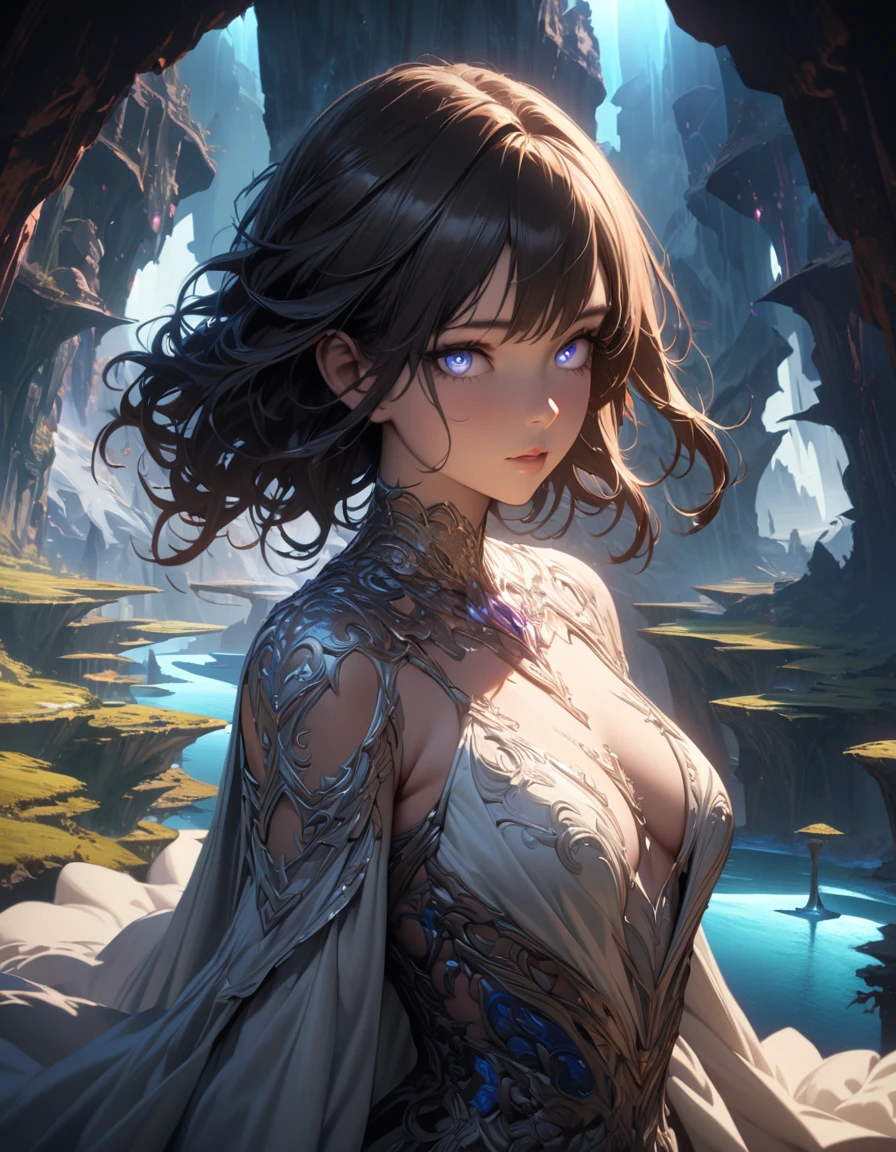 masterpiece, best quality, (extremely detailed CG unity 8k wallpaper), (best quality), (best illustration), (best shadow), absurdres, realistic lighting, (Abyss), beautiful detailed glow, 1girl, beautiful detailed eyes, beautiful detailed lips, detailed face, detailed hair, elegant dress, graceful pose, cinematic lighting, dramatic atmosphere, vibrant colors, fantasy landscape, glowing crystals, floating islands