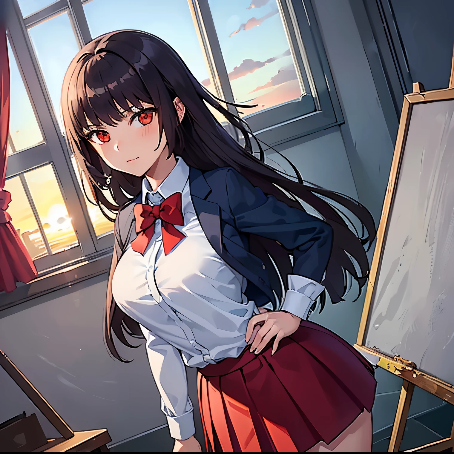 ((1girl)),((alone)),Sana sunomiya,(masterpiece), (best quality), (ultra detailed), (best illustration), (best shadow), (absurdities), sharp focus, cowboy shot ,atmospheric perspective, depth of field, dynamic posture looking at the viewer, large breasts, narrow waist, wide hips, wide thighs, round butt, erotic, romantic, (very detailed eyes, lips 1.1), very detailed eyes, eyes, very face detailed, Very beautiful face, full height, beautiful slim figure, femininity, expressive appearance, elastic big breasts, sexuality, long hair, bangs, black hair, (red eyes:1.4), hime cut, (haggard eyes:1.5), skirt, shirt, long sleeves, bow, school uniform, white shirt, pleated skirt, collared shirt, bow tie, red bow, blue skirt, red bow tie, tucked in shirt, curves, defined body, Perfect and beautiful body, perfect and beautiful , closed mouth, smile, happy smile, blushing, (sexy pose: 1.2), ((solo)), standing: 1.3, ((art room: 1.5, window: 1.5, sunset: 1.5, easel: 1.5, armchair: 1.3, locker: 1.4, painting: 1.4)), looking forward, ((focus on hips)), point of view: (from the middle), perfect anatomy, perfect hands