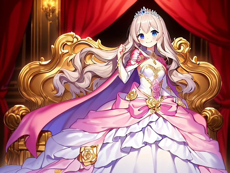 (best quality),(rococo style),(long train pastel pink cape:1.15), very long cape,(long train white ball gown with flower decorations:1.1), a girl is wearing a cape over her gown, 1 little princess, tiara, smile, very long hair, small breasts, looking at viewer