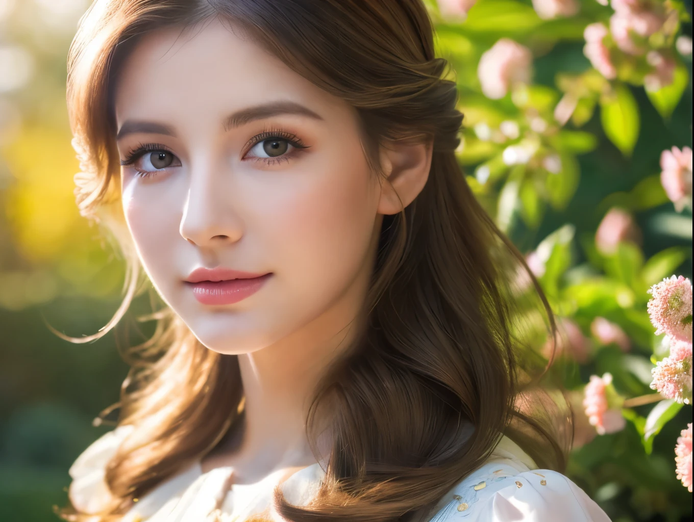 a beautiful girl in a garden, 1girl, detailed eyes, detailed lips, long eyelashes, elegant dress, sunlight, outdoor, photorealistic, (best quality,4k,8k,highres,masterpiece:1.2),ultra-detailed,(realistic,photorealistic,photo-realistic:1.37),HDR,UHD,studio lighting,vivid colors,dramatic lighting